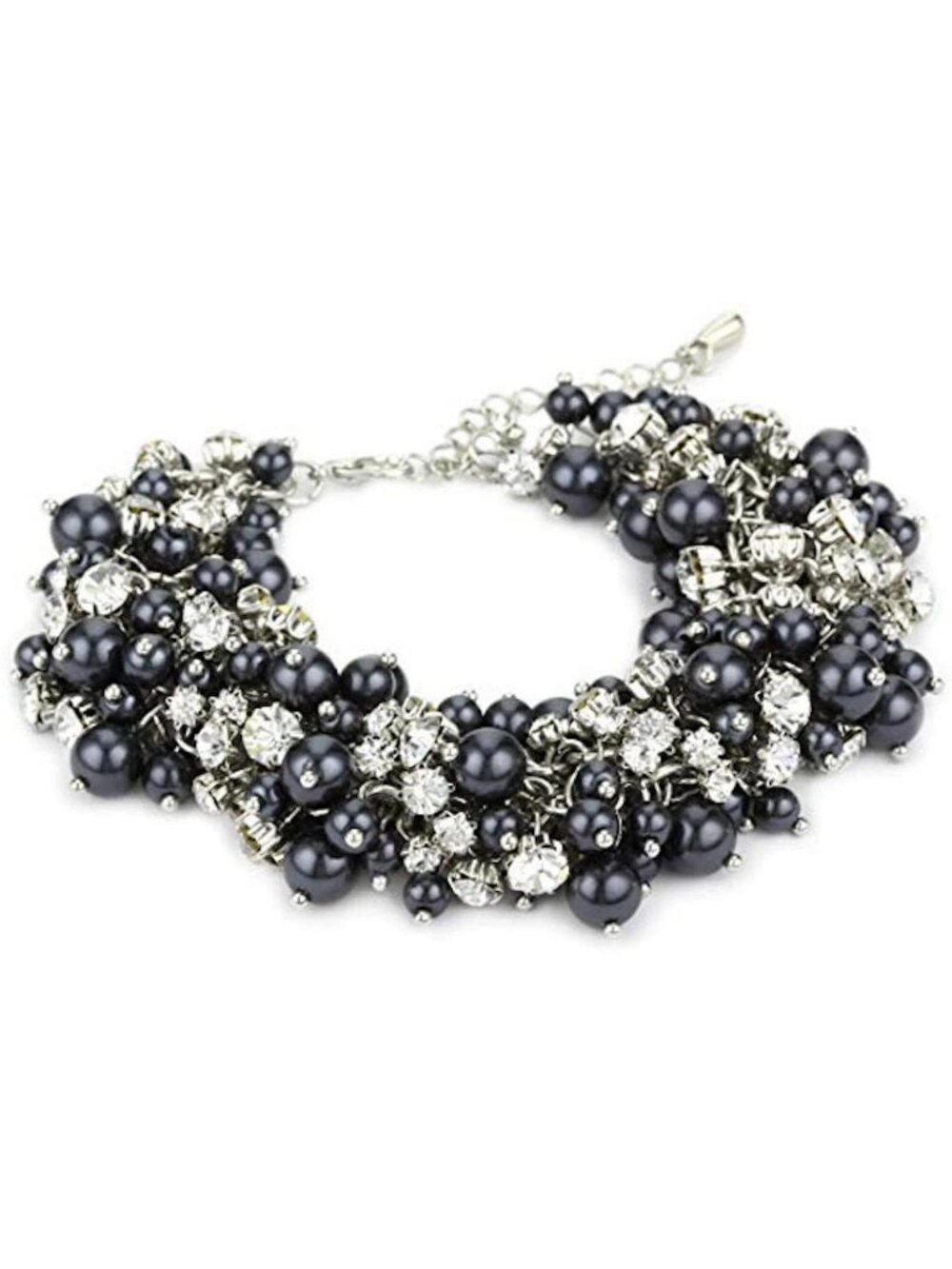 Nina Bridal Peony CHARCOAL Glass Pearl & Czech Crystal Cluster Bracelet Black